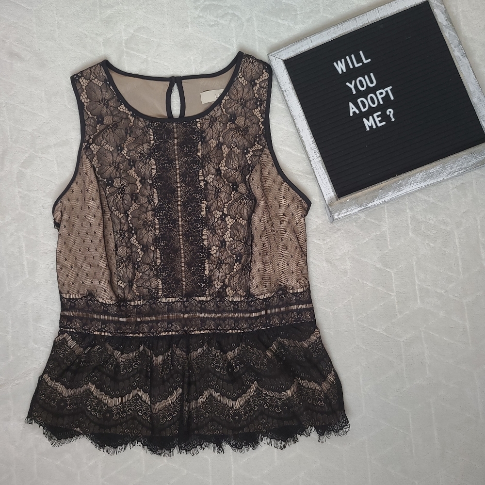 Loft | Lace Blouse Black & Tan sz Petite